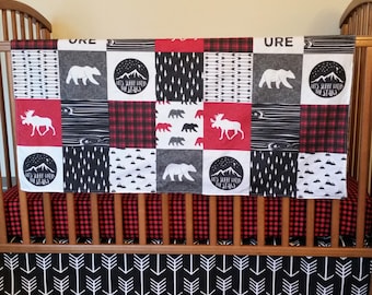 Fitted Crib Sheet,Skirt, and Minky Blanket-Red Black Buffalo Plaid, Arrows, Moose Bear -3 Piece Set Custom Baby Boy Bedding - toddler sheet