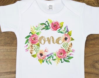 Girls 1st Birthday Onesie® Watercolor Floral Boho Birhday Onesie Gold Glitter ONE | Girls Boho Birthday Party bodysuit watercolor wreath