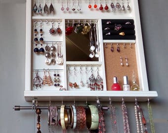 Jewelry display with mirror. earrings holder. necklace holder. WHITE display with shelf. wall mounted jewelry organizer. earrings storage.