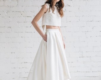 Wedding Dress, Bridal Separates ,Two Piece Wedding Dress ,Bridal Crop Top Dress , Wedding Dress with Train, High Low Skirt, Ivory -LILY