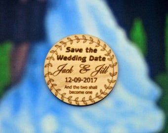 Save the Date, custom personalized, wooden circle, laser engraved, wedding announcement, refrigerator magnet, bridal momento, vine border.