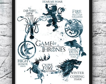 Game of Thrones Watercolor Print, Game of Thrones Art, Movie Poster,House Targaryen Stark Lannister, Wall Art, Home Decor, Gray - 496-1