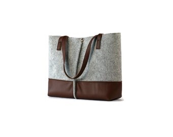 FREE SHIPPING,Leather tote bag, handmade bag,felt bag,felt & leather shoulder bag, tote, large tote bag, felt tote bag