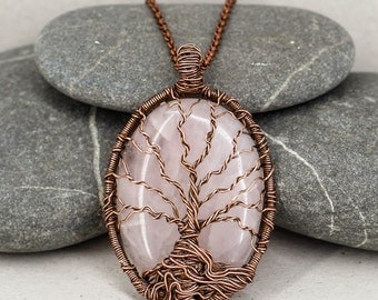Tree-of-life necklace Rose quartz pendant Copper jewelry Healing crystal and stone Spiritual gift-for-mom gift-for-sister gift-for-wife gift