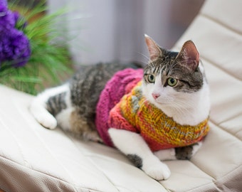 Cat Sweater Pink Yellow, Cat clothes, Pet hand knitted top, Clothes for cats, Gradient sweater, Handmade raspberry top, Warm pullover