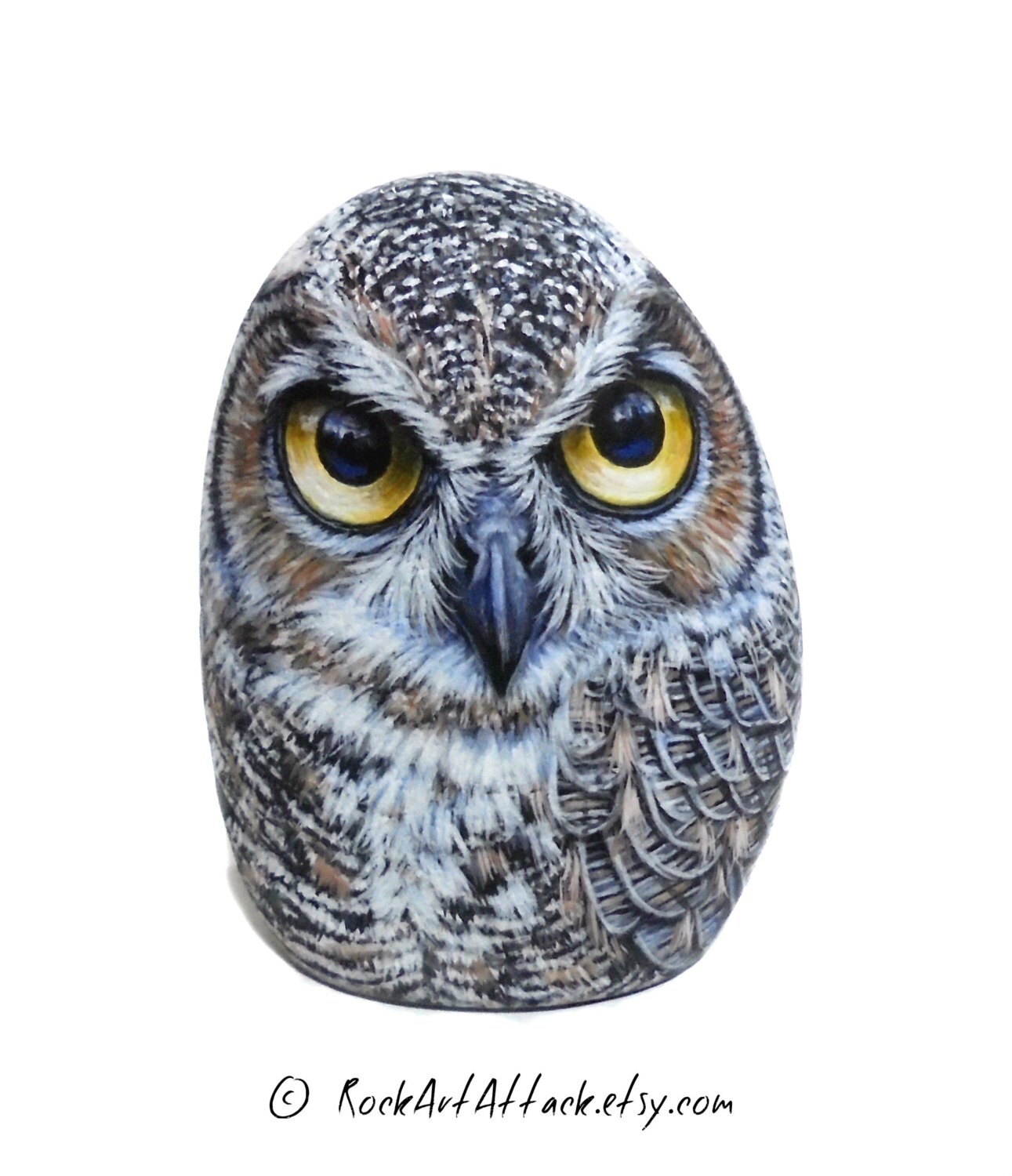 Detailed Great Horned Owl Painted Rock Tiger Owl Hand-Painted