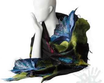 Shawl With Flowers / Blue Tulips / Nuno Felting / Handmade Felted Scarf / Merino Wool / Wrap / Nuno Felt / Ready To Ship/ Free shipping.