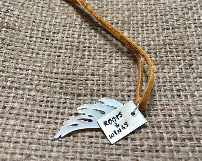 Angel Wing Necklace, Stamped Necklace, Roots and Wings, Suede Necklace, Wing Necklace, Silver Wing Necklace, Hand Stamped Jewelry