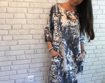 Blue & white Print Dress, Shirt Dress, Print Tunic Dress, Casual day dress, size M - Bel