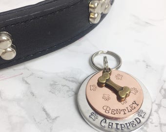 Dog Tag | Mucky Paw Print Pet Tag With 'Antique Brass' Bone | Dog ID tag | Paw Print Dog Tag