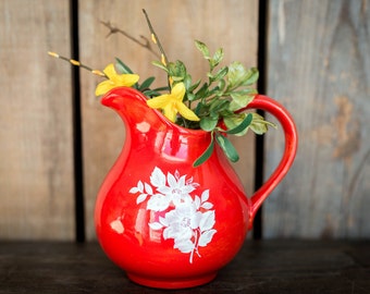 Vintage Flower Vase Picture Jug - Orange with White Flowers Retro 80's Home Decor - Ceramic Flower Picture Vase