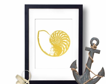Shell Print, Nautilus Shell, Shell Art, Nautical Deco, Gold Foil Print, Nautical wall decor, nautical prints