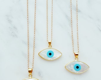 Mother of Pearl Evil Eye gold Necklace ; Birthday gift; Talisman and Charm; Protection; Something Blue; Summer Jewellery
