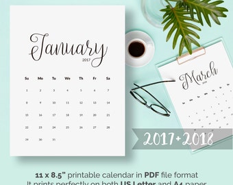 PRINTABLE Calendar 2017, Desk Calendar PDF Download Calendar Pages Modern Calligraphy Black Digital Monthly Calendar Wall Calendar Printable