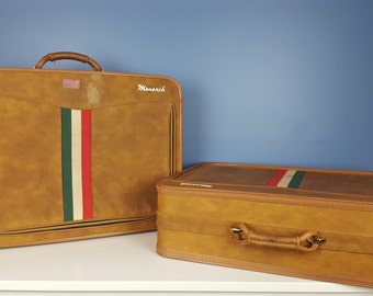 Vintage Monarch Suitcase Italian Flag Stripe Tan Green Red White Vintage Luggage with Lock Key Overnight Bag Travel Bag Mid Century Modern
