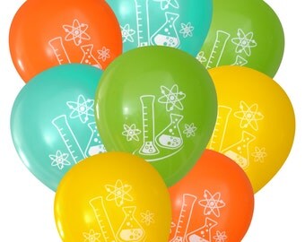 Mad Science Party Balloons - Pack of 8 | Geeky Flask and Atoms Party Birthday Decorations Teacher Chemist Physicist Kids Party