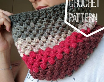 Striped Puff Stitch Cowl Pattern, Caron Cakes Yarn Pattern, Crochet Caron Cakes Pattern, Puff Stitch Scarf Crochet Pattern, Fun Crochet Cowl