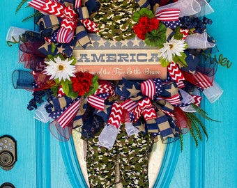 Deco Mesh Patriotic Wreath, Americana Wreath, Soldier Wreath, Military Wreath, Army Wreath, Navy Wreath, Air Force Wreath, Marines Wreath