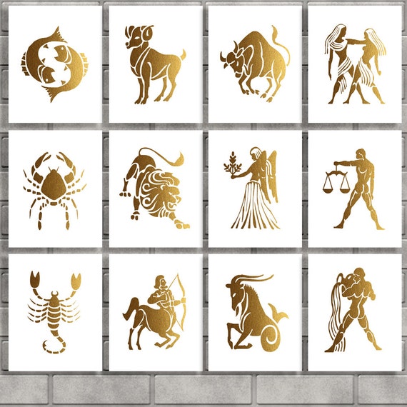 Zodiac Signs Printable Set of 12 Prints Gold Aries Leo