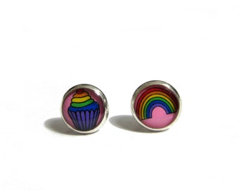 FOOD JEWELRY - Cupcake Earrings - Food Jewelry - Rainbow Earrings - Cupcake Jewelry - Kawaii Jewelry - Foodie Gift - Girls - Kids Earrings
