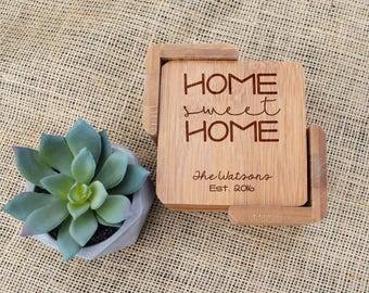 Home Sweet Home & Last Name Coaster Set, Custom Coasters, Personalized Coasters, Laser Engraved, Wood, Bamboo, Housewarming, Wedding, Gift
