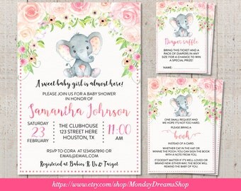 Printable Girl Elephant Floral Baby Shower Invitation, Girl Jungle Elephant Diaper Raffle, Elephant Books for baby Elephant Pink Floral