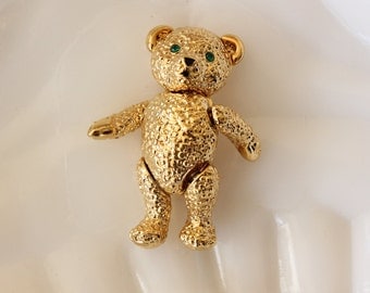 Vintage Signed Napier Articulated Teddy Bear Brooch Pin Gold Tone with Green Rhinestones
