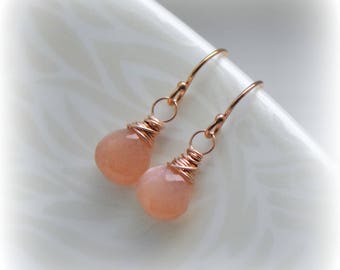 Peach Moonstone Earrings, Peach Moonstone Dangle Earrings, Gift For Her, Small Peach Moonstone Rose Gold Handmade Earrings by Blissaria
