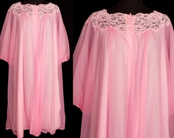 Vintage Sheer Chiffon Peignoir Robe, 1960s Pink Lingerie Size Large XL