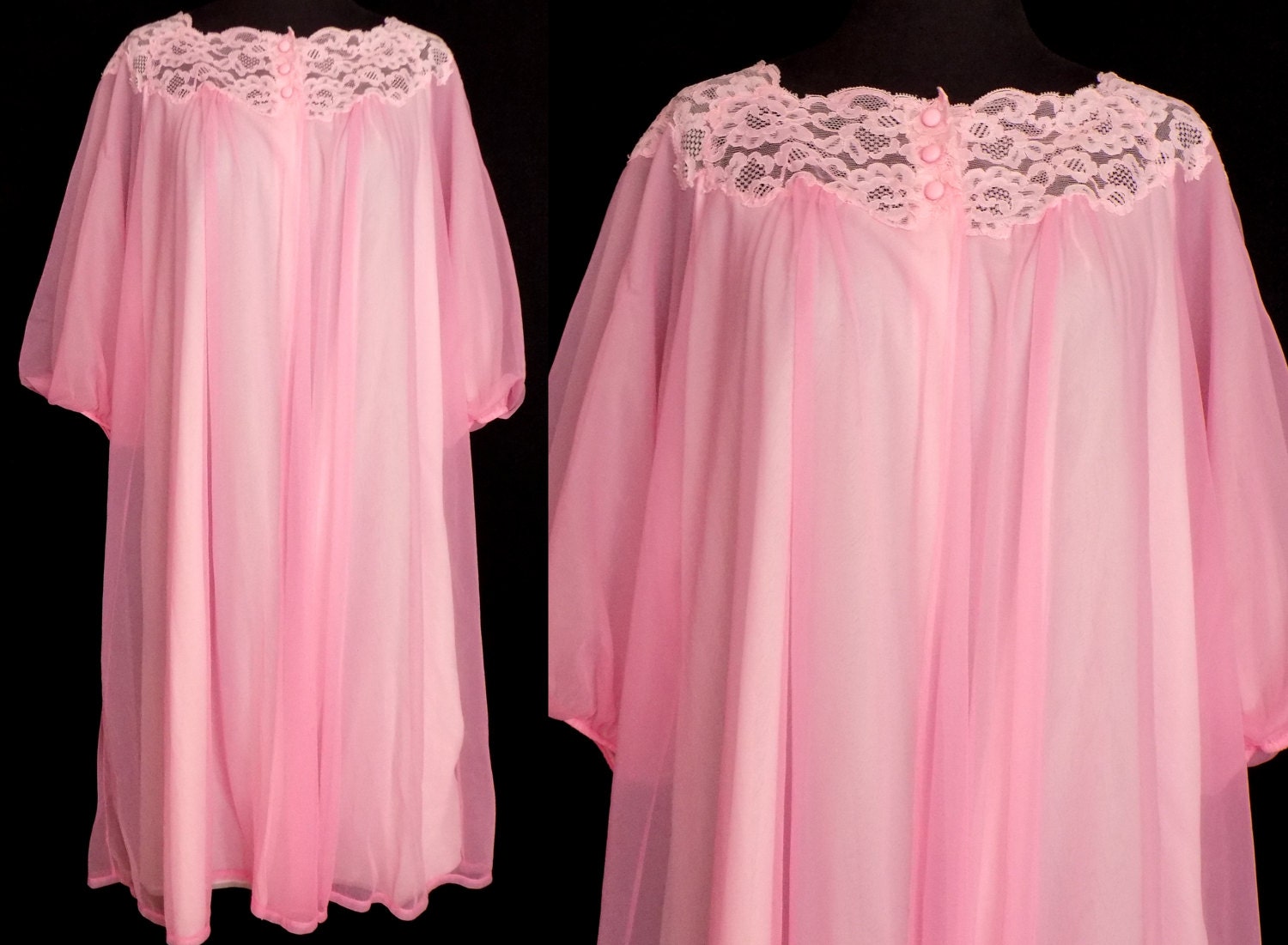 Vintage Sheer Chiffon Peignoir Robe 1960s Pink Lingerie Size