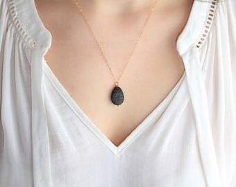Matte Teardrop Lava Necklace, Minimalist Essential Oil Diffuser, Lava Bead, Gold Filled, Dainty Modern Aromatherapy Jewelry