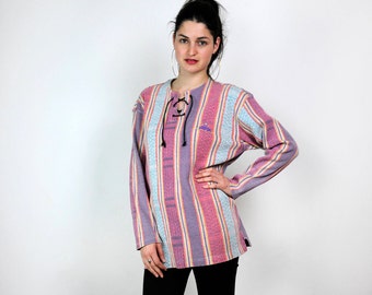 FREE SHIPPING 90s lace up top, cotton top, Vintage striped lace up tee, long sleeved tee, unisex tee, boyfriend tee, large size, hippie top