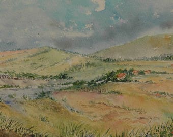 Masos, watercolor original, watercolor mountain, watercolor landscape, watercolor rural life, watercolor barn, countryside,original painting