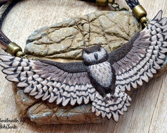 Owl necklace Brown bib necklace Statement jewelry Bird necklace Unique jewelry Unusual necklace Polymer clay jewelry for women Gift for her