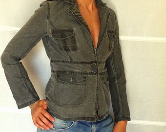 Grunge Jean Jacket Women Grey Denim Jacket Embroidered Jean jacket Fitted Linen Jacket Grunge jacket small vintage 1990s size Small 6