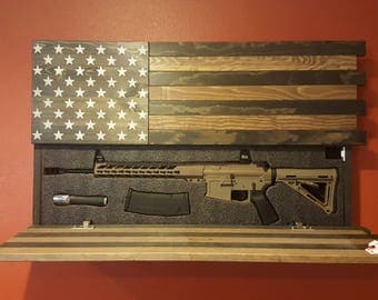 AR-15 Size Gun Concealment Cabinet, Dark Rustic American Flag, LOCKING DOORS! Functional Patriotic Art!