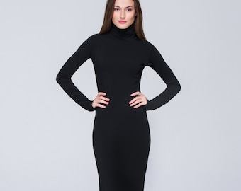Classic Midi Dress \ FREE Shipping \ CUSTOM MADE \ Long Sleeves Casual Dress \ Elegant Black Winter Dress \ Mock Neck \ Minimalist