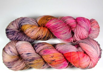 Hand Dyed 4 Ply Fingering Wt Sock Yarn, Speckled, Pink, Purple, Yellow, Orange, SW Merino Wool, Variegated, Into the Sunset, Dyed to Order