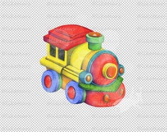 Clipart Clip Art Hand Painted Watercolor Colored Pencils Whimsical Childrens Single Illustration PNG JPG - Toy Choo Choo Train