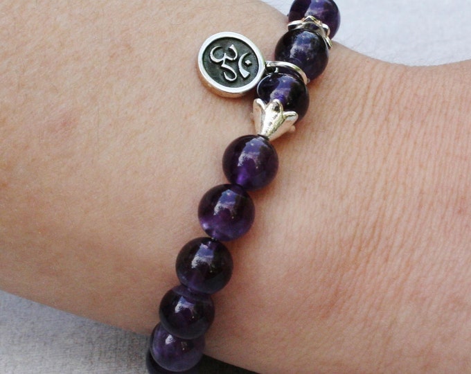 Purple Amethist Ohm Bracelet - With Cute Sterling Silver Ohm Charm And Sterling Silver Spacers