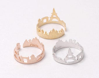 Paris Skyline City Open Band Ring, Adjustable Size