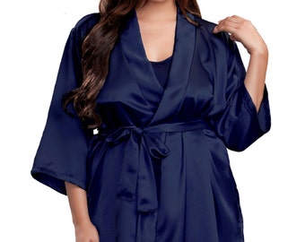 Bridesmaids Robes, Embroidered Navy Satin Robe, Plus Size Robe, Bridal Robes, Custom Robes, Maid of Honor Robes, Extra Large Robe. SALE!