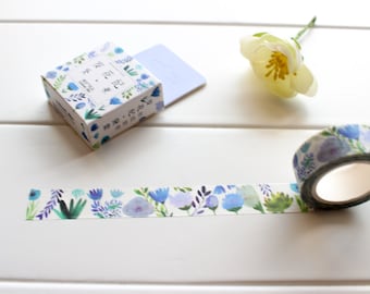 Blue Flower Washi Tape, Floral Washi tape, Blue Pretty Watercolour Masking Tape (FL-114)