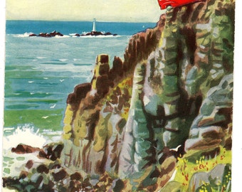 Vintage Comic Postcard,Greetings from LAND'S END,CORNWALL,Tourist Bus at the cliffs of Land's End,1965