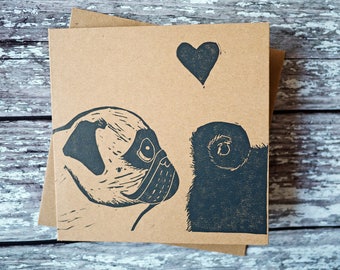 Pug Valentine's Day Wedding Funny Card Hand Printed Lino Print Card Pug Gift Dog Gift Wedding Gift /// Love at First Sniff