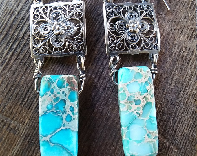 Earrings Featuring Vintage Sterling Silver Filigree with Turquoise Sea Sediment Jasper