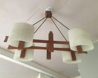Vintage 1960s Mid Century Four Bulb Scandinavian Granita Teak Ceiling Pendant
