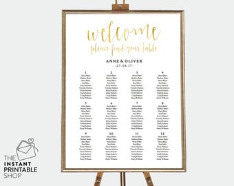 Gold seating chart, Editable pdf, Instant download, Wedding seating chart template, Wedding seating plan template, Gold wedding decor