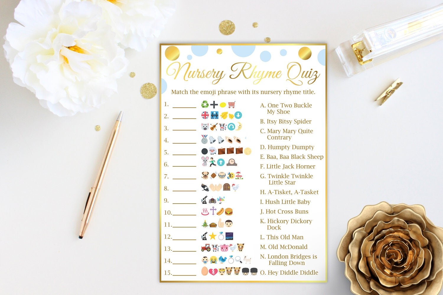 Emoji Nursery Rhyme Quiz Blue and Gold Baby Shower Baby