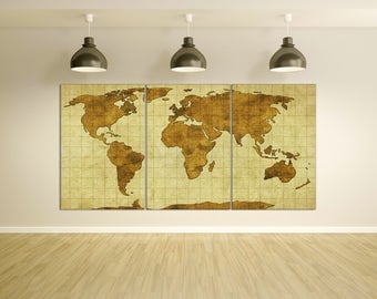 World Map on Old Paper Leather Print/Large Wall Map Print/Multi Panel World Map/World Map Wall Art/Large Wall Art/Better than Canvas!